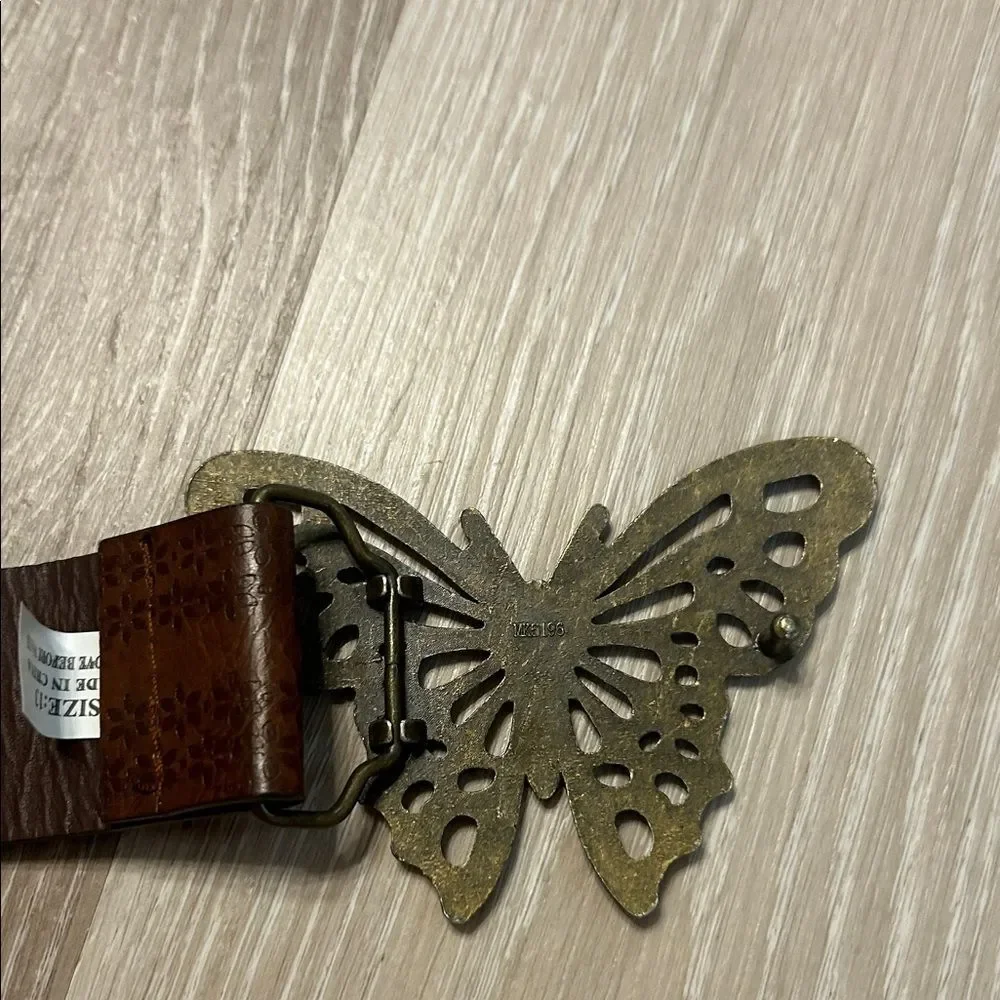 Boho Faux Leather Flower Printed Brown Belt w Bejeweled Brass Butterfly Buckle